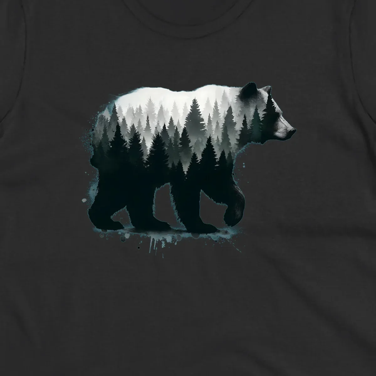 Bear forest double exposure design: black bear silhouette filled with misty coniferous forest and mountains, artistic ink splatter effect