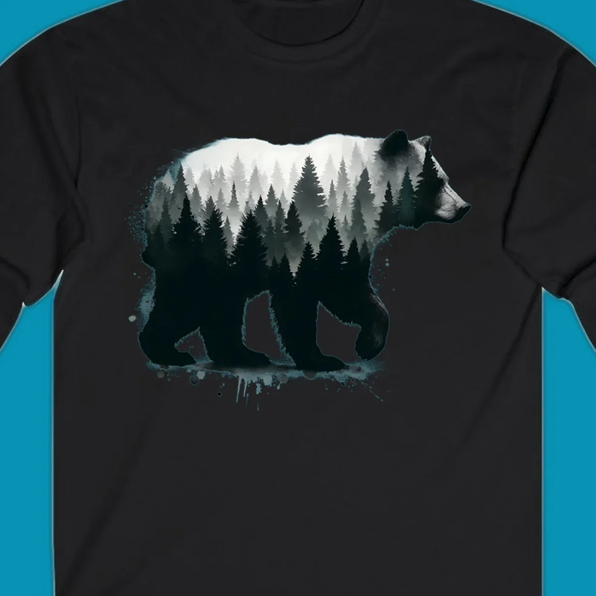 Bear forest double exposure design: black bear silhouette filled with misty coniferous forest and mountains, artistic ink splatter effect