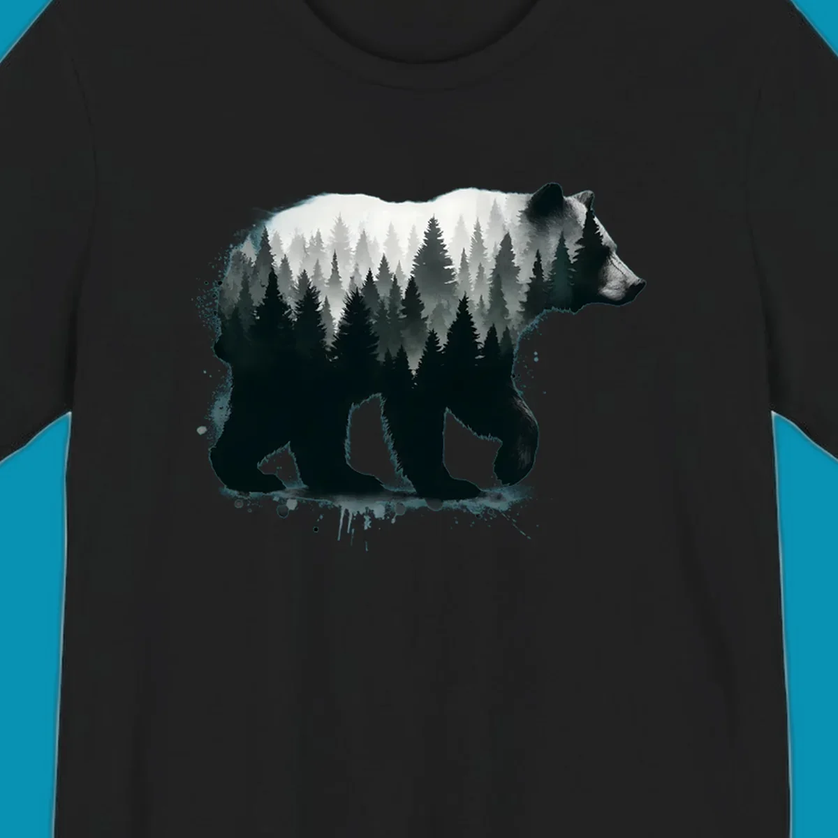 Bear forest double exposure design: black bear silhouette filled with misty coniferous forest and mountains, artistic ink splatter effect