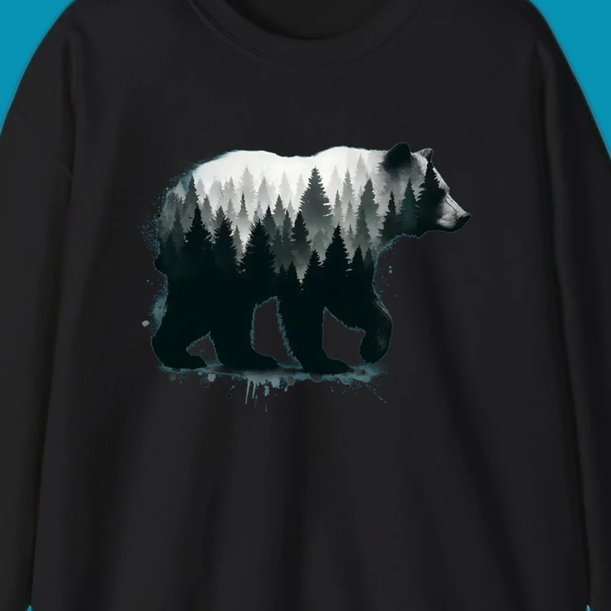 Bear forest double exposure design: black bear silhouette filled with misty coniferous forest and mountains, artistic ink splatter effect