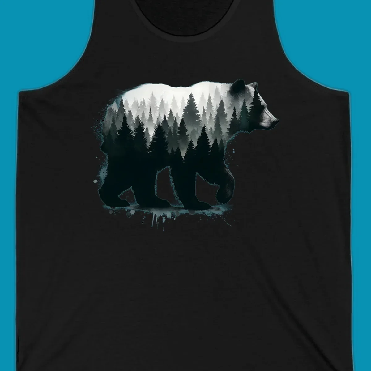 Bear forest double exposure design: black bear silhouette filled with misty coniferous forest and mountains, artistic ink splatter effect