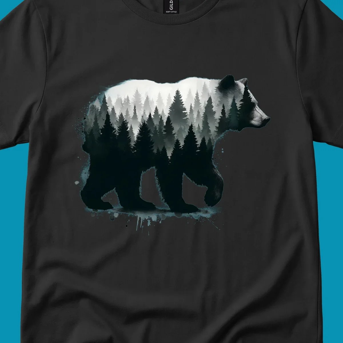 Bear forest double exposure design: black bear silhouette filled with misty coniferous forest and mountains, artistic ink splatter effect