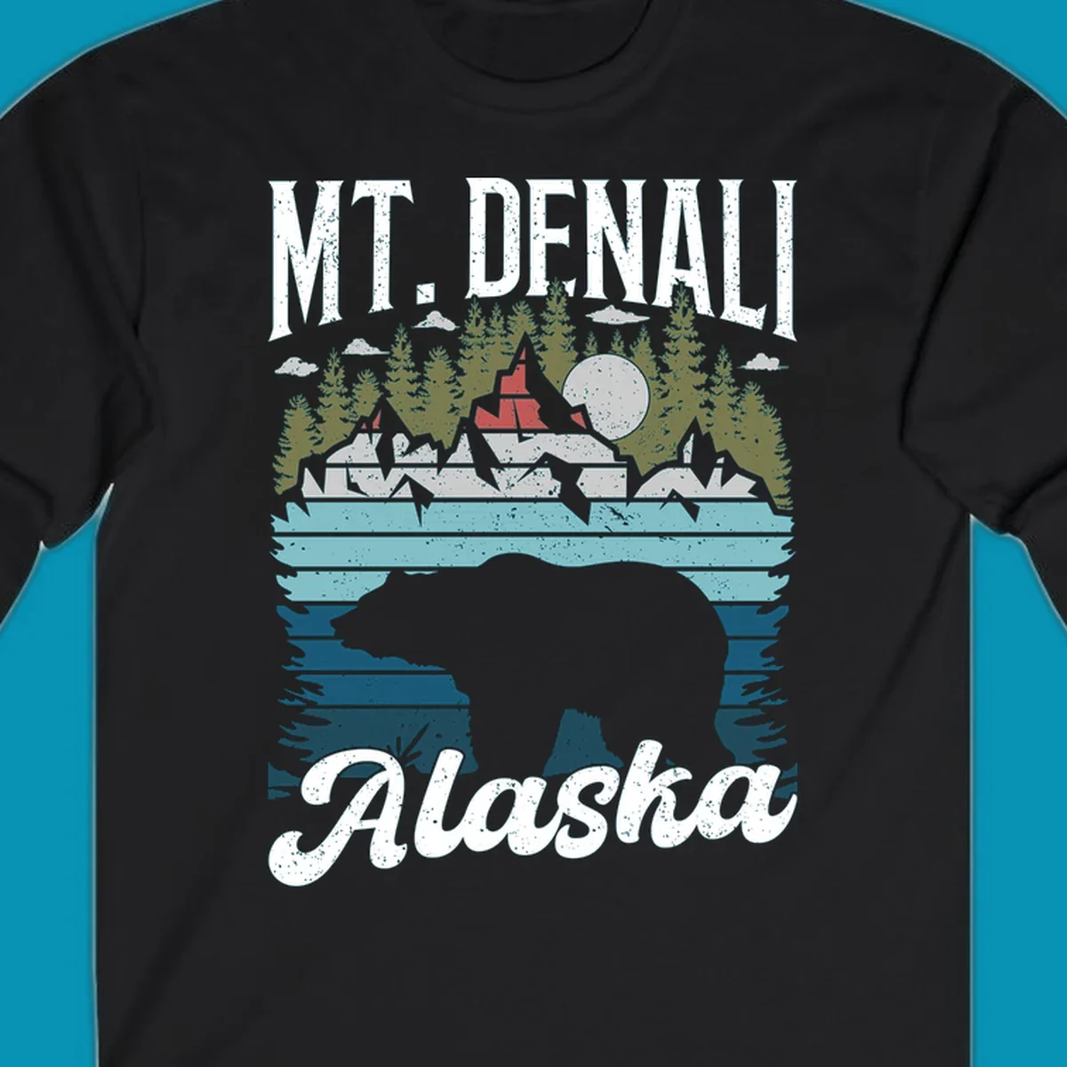 Bear cave winter wonderland illustration with bear head silhouette, snow cabin, evergreen forest, frozen lake, and moon for Alaska cruise shirt design.