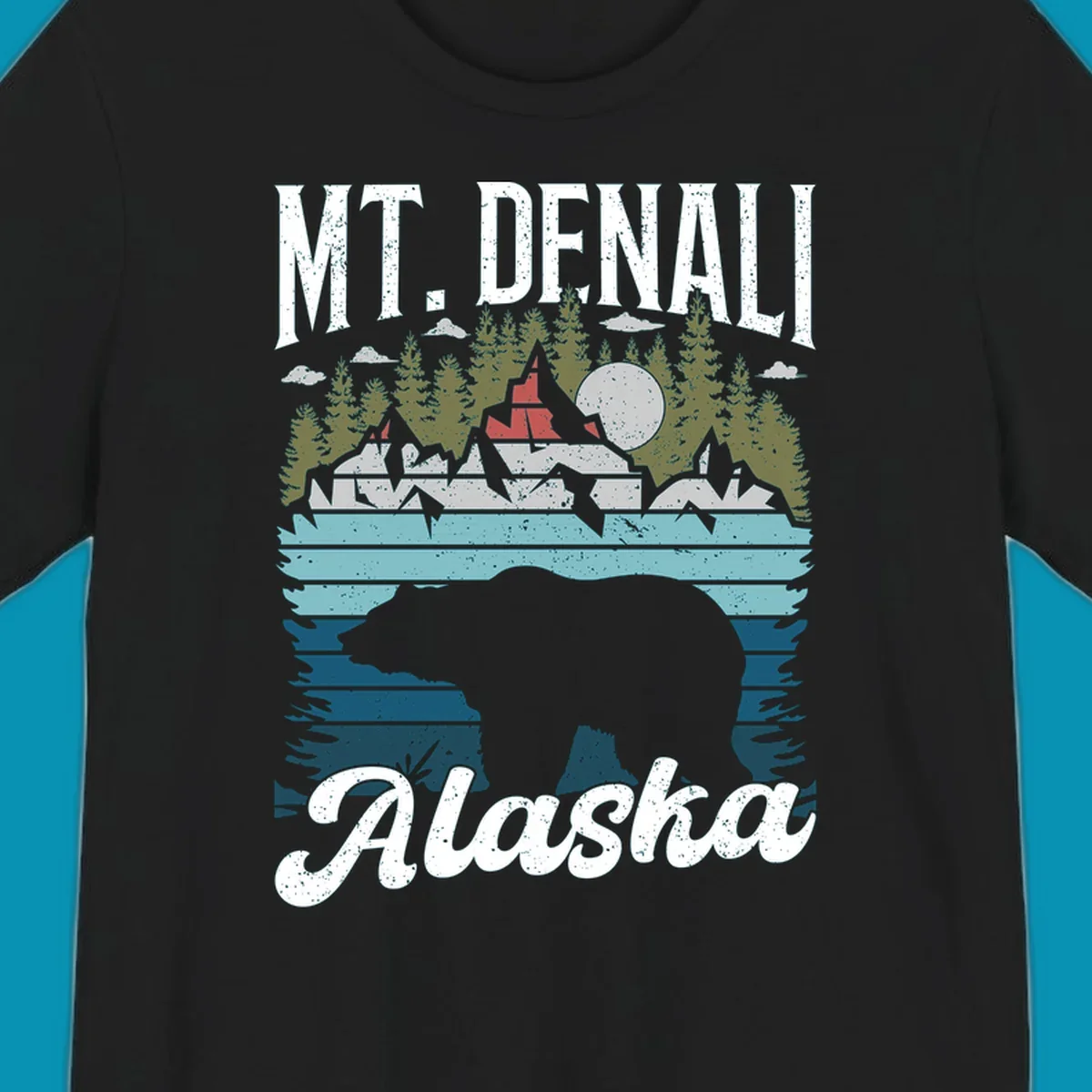 Bear cave winter wonderland illustration with bear head silhouette, snow cabin, evergreen forest, frozen lake, and moon for Alaska cruise shirt design.