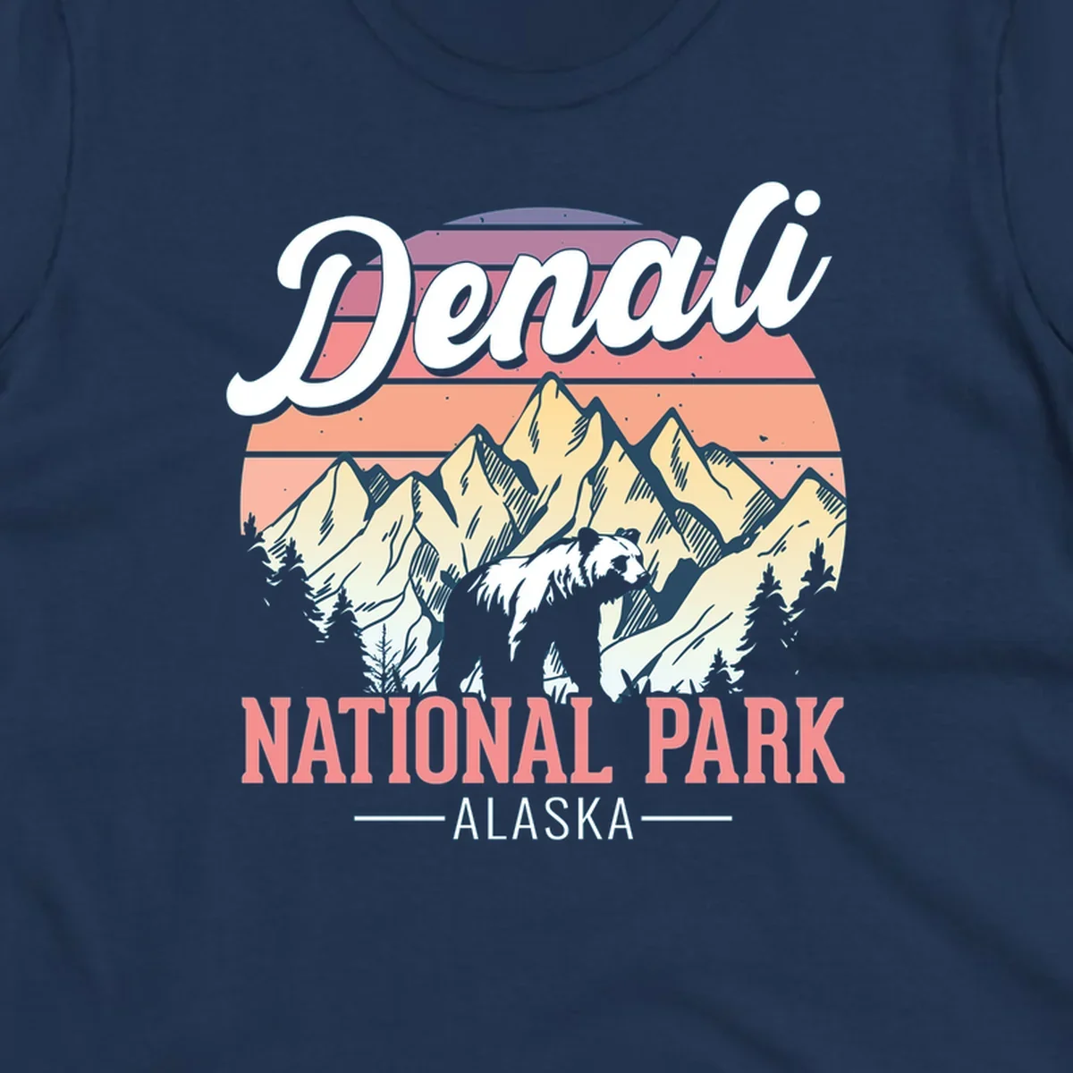 Retro vintage illustration of Denali National Park with snow-capped mountain peaks against a warm coral and peach sunset gradient background with text.