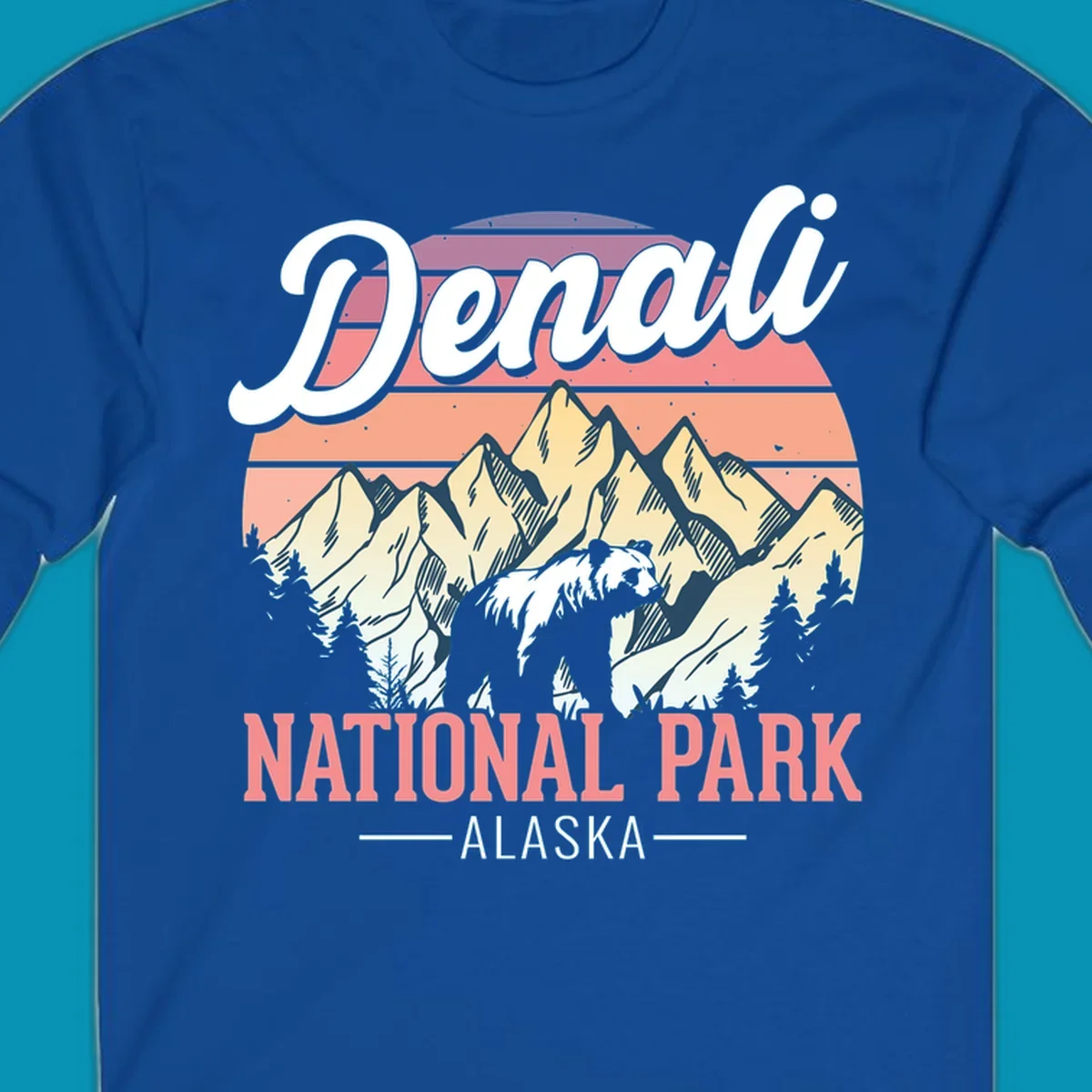 Retro vintage illustration of Denali National Park with snow-capped mountain peaks against a warm coral and peach sunset gradient background with text.