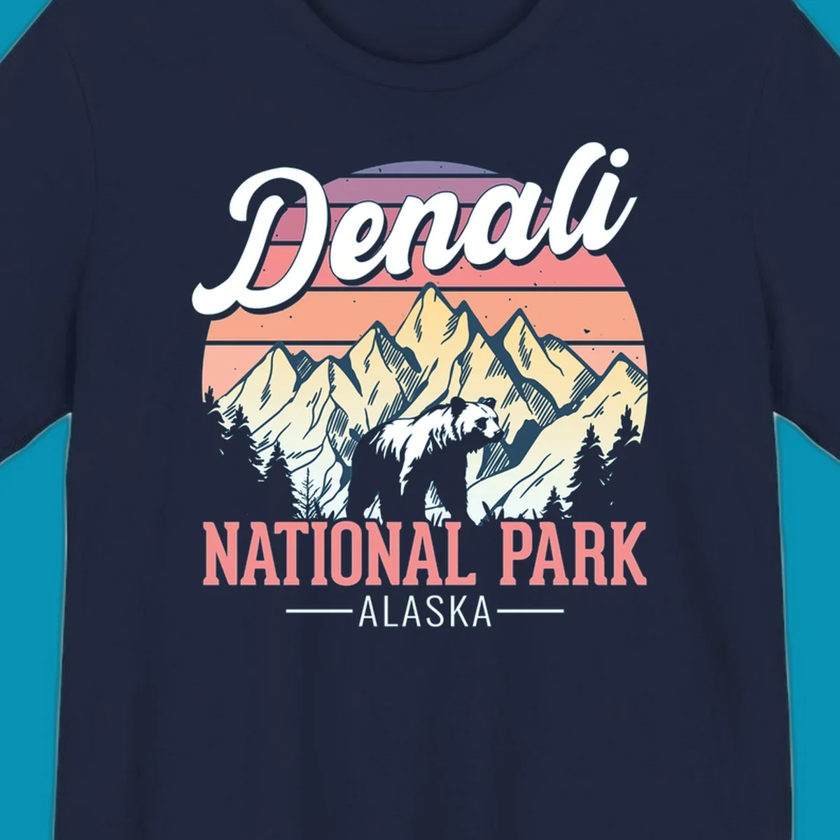 Retro vintage illustration of Denali National Park with snow-capped mountain peaks against a warm coral and peach sunset gradient background with text.