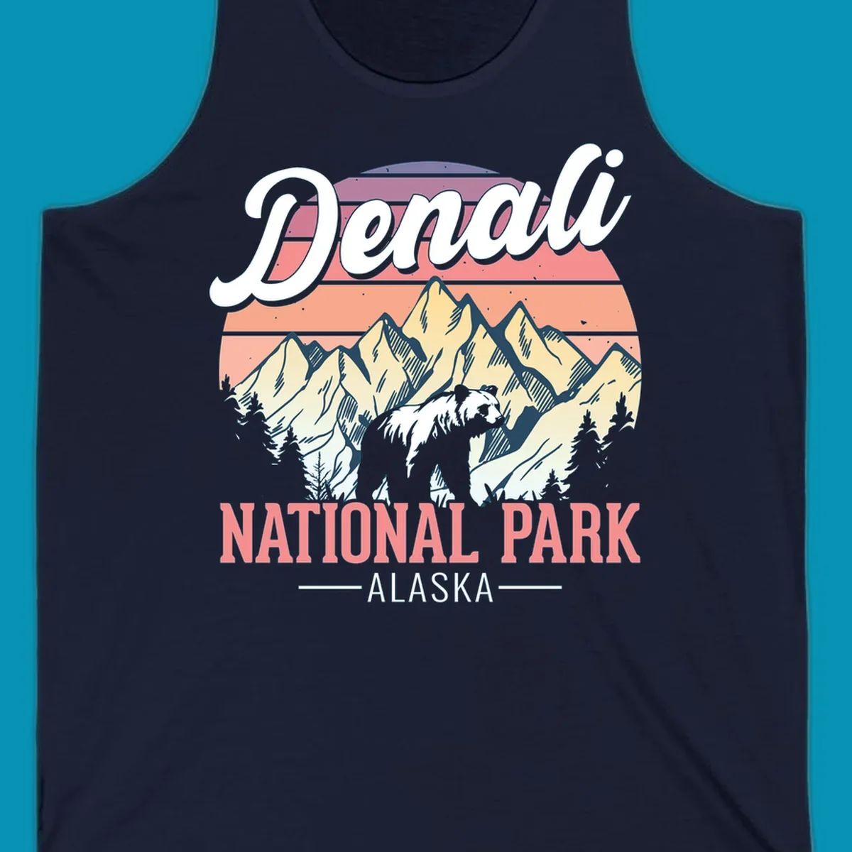 Retro vintage illustration of Denali National Park with snow-capped mountain peaks against a warm coral and peach sunset gradient background with text.