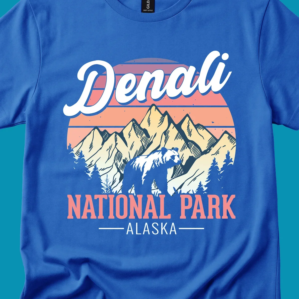 Retro vintage illustration of Denali National Park with snow-capped mountain peaks against a warm coral and peach sunset gradient background with text.