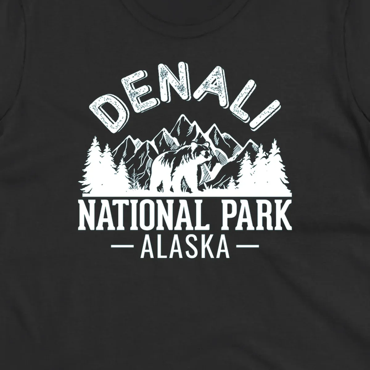 Denali National Park bear design with mountains, evergreen trees, and distressed white text on gray background