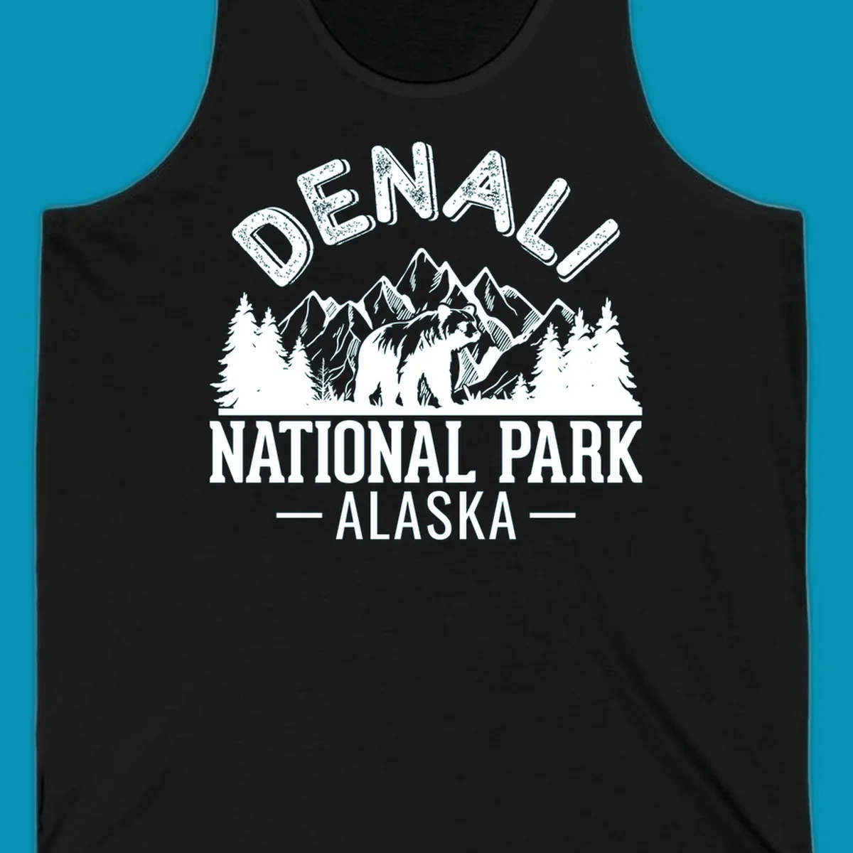 Denali National Park bear design with mountains, evergreen trees, and distressed white text on gray background