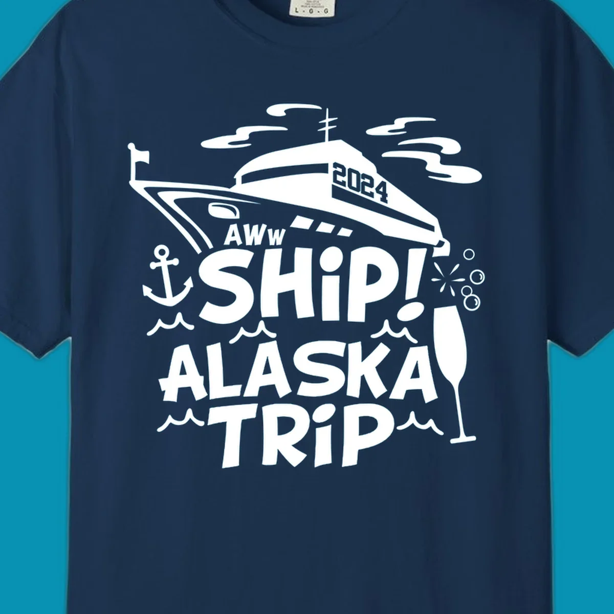 Aww ship Alaska cruise design with yacht, anchor, waves, and playful nautical elements in white on gray background
