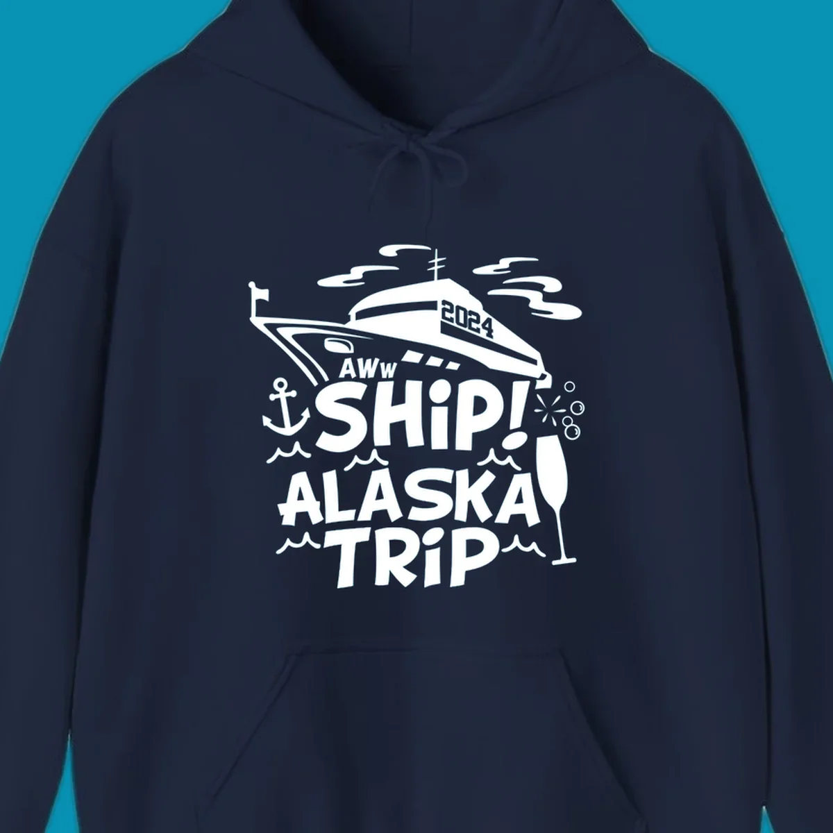 Aww ship Alaska cruise design with yacht, anchor, waves, and playful nautical elements in white on gray background
