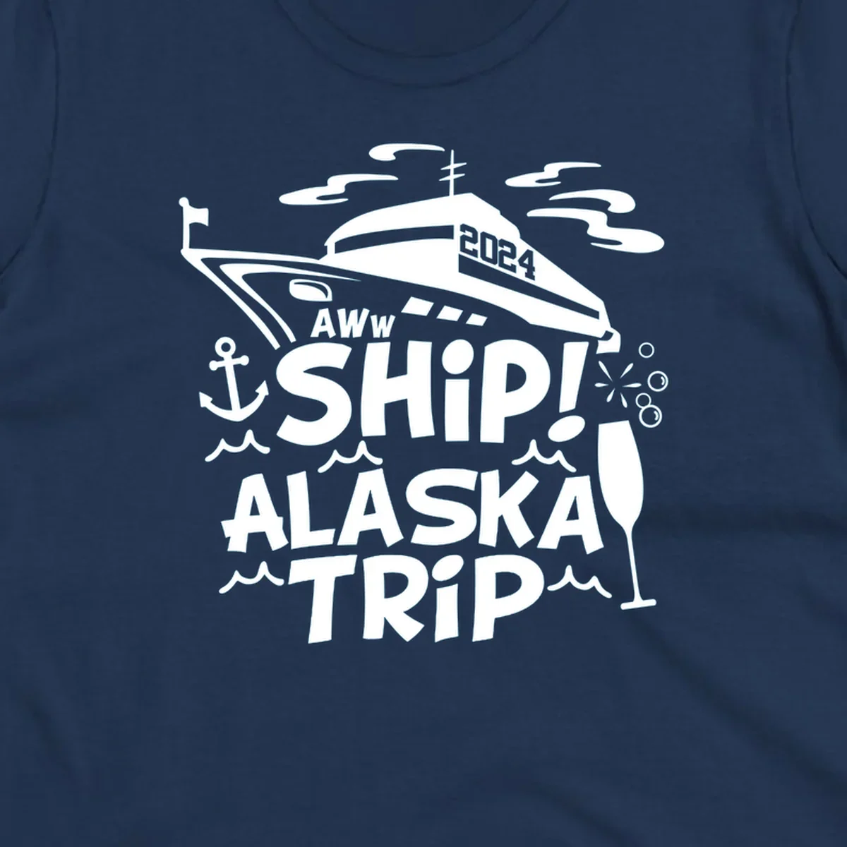 Aww ship Alaska cruise design with yacht, anchor, waves, and playful nautical elements in white on gray background