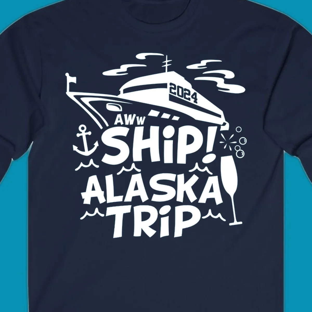 Aww ship Alaska cruise design with yacht, anchor, waves, and playful nautical elements in white on gray background