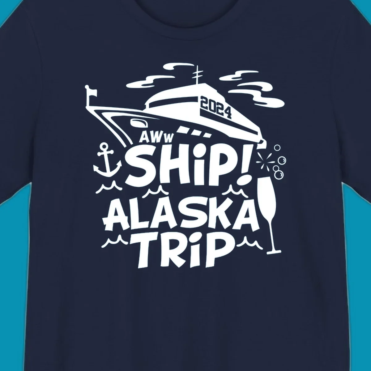 Aww ship Alaska cruise design with yacht, anchor, waves, and playful nautical elements in white on gray background