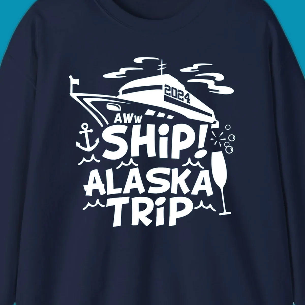 Aww ship Alaska cruise design with yacht, anchor, waves, and playful nautical elements in white on gray background