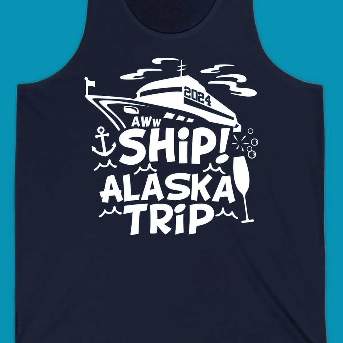 Aww ship Alaska cruise design with yacht, anchor, waves, and playful nautical elements in white on gray background
