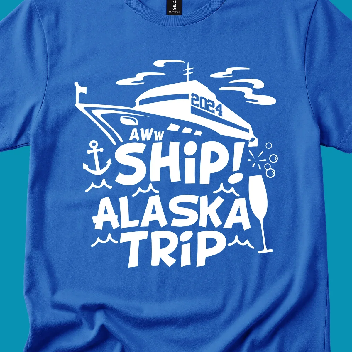 Aww ship Alaska cruise design with yacht, anchor, waves, and playful nautical elements in white on gray background