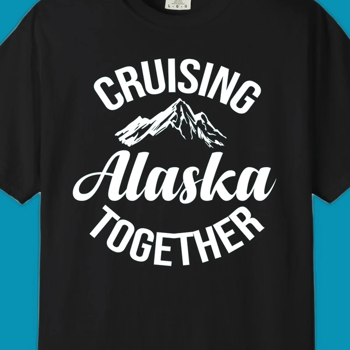 White text reading 'Cruising Alaska Together' with snow-capped mountain illustration on gray background
