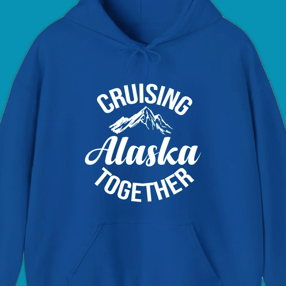White text reading 'Cruising Alaska Together' with snow-capped mountain illustration on gray background