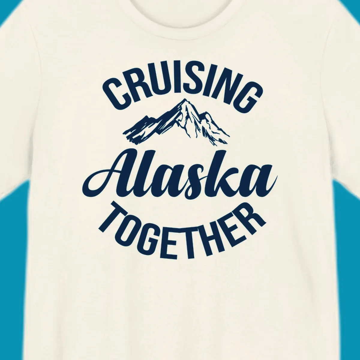 White text reading 'Cruising Alaska Together' with snow-capped mountain illustration on gray background