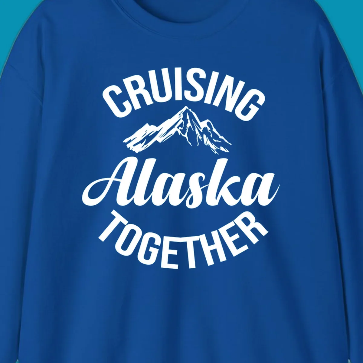 White text reading 'Cruising Alaska Together' with snow-capped mountain illustration on gray background