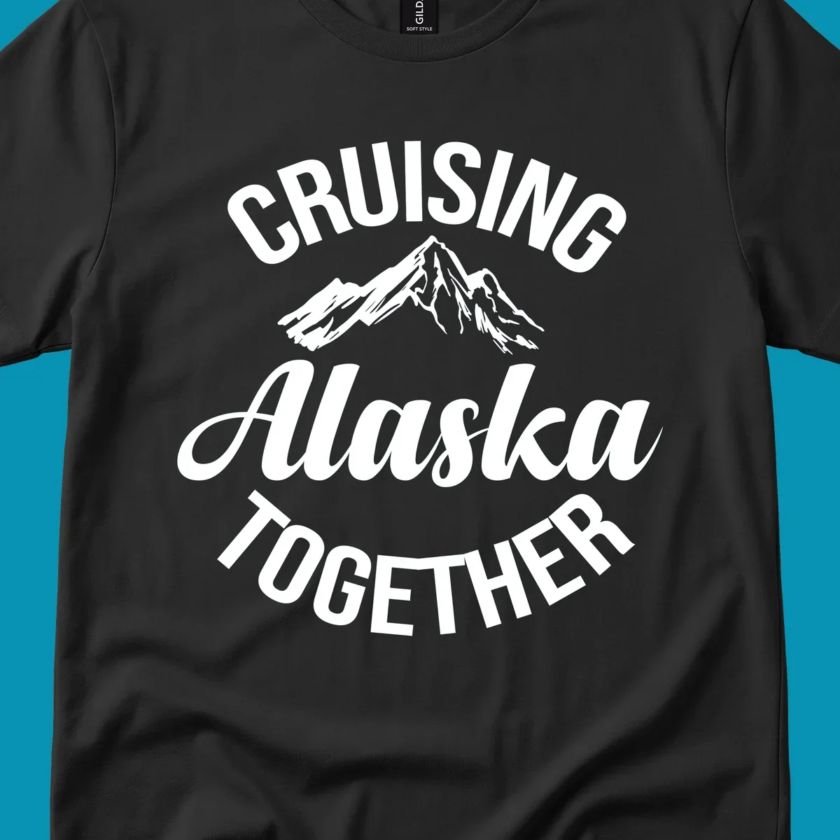 White text reading 'Cruising Alaska Together' with snow-capped mountain illustration on gray background