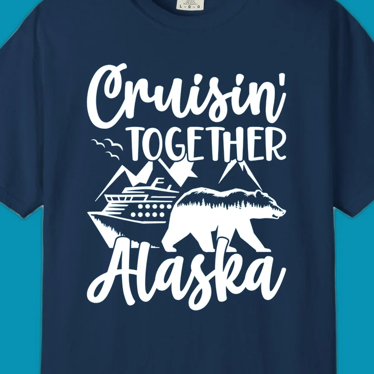 White illustration on gray background featuring 'Cruisin' Together Alaska' text with cruise ship, mountains, forest-filled bear, and pine trees