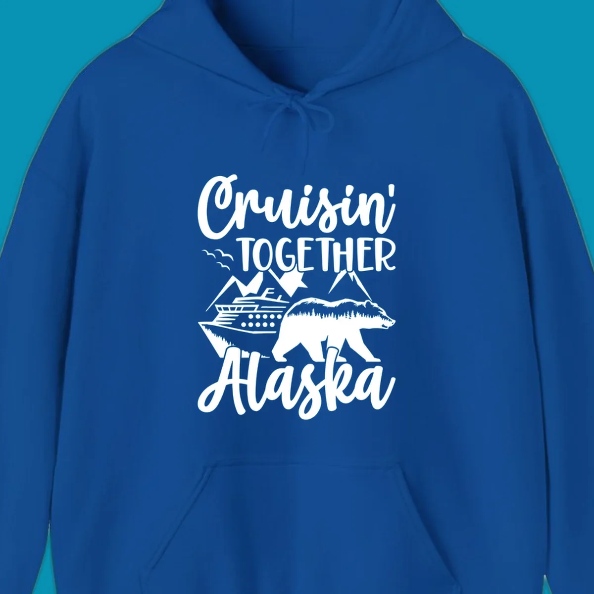 White illustration on gray background featuring 'Cruisin' Together Alaska' text with cruise ship, mountains, forest-filled bear, and pine trees