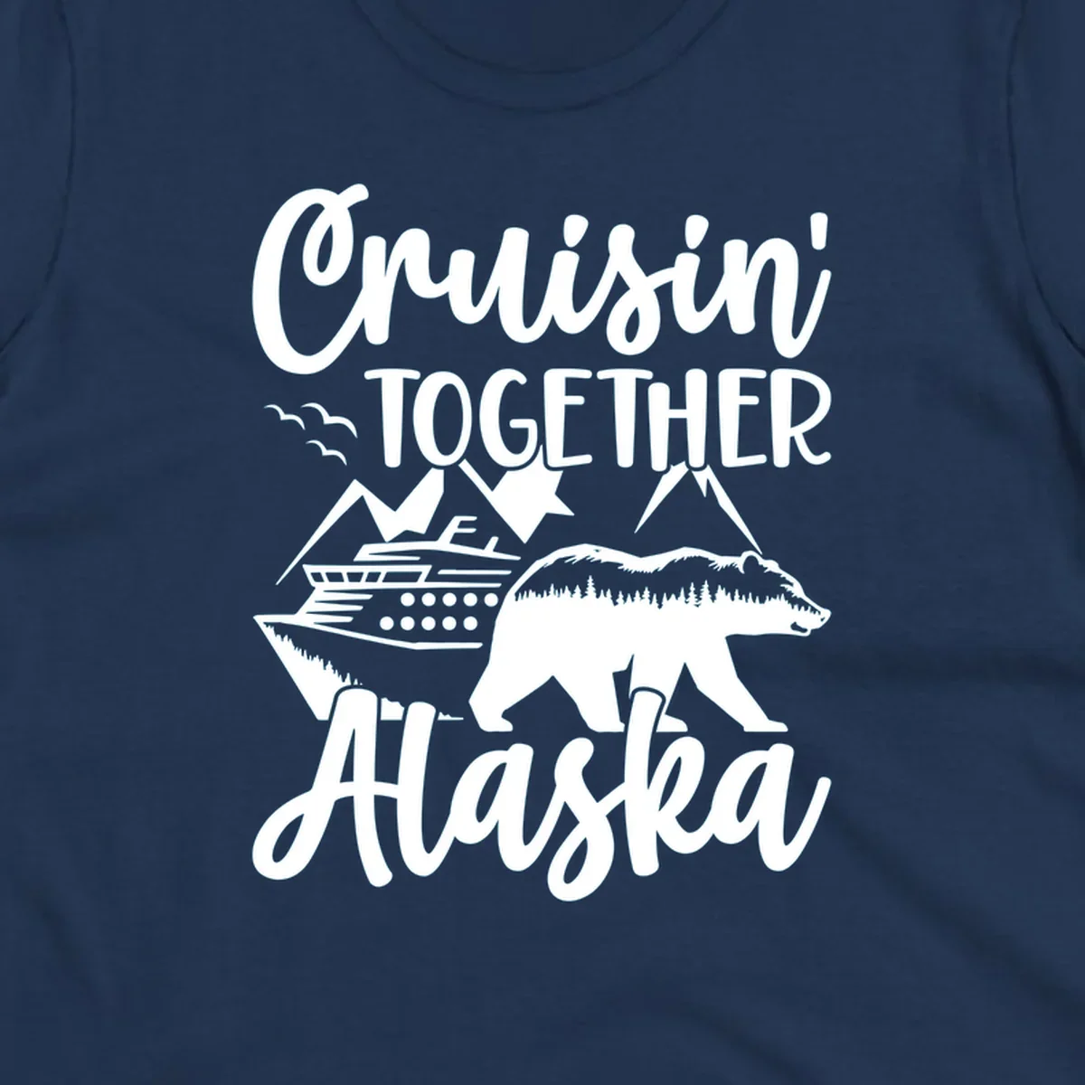 White illustration on gray background featuring 'Cruisin' Together Alaska' text with cruise ship, mountains, forest-filled bear, and pine trees