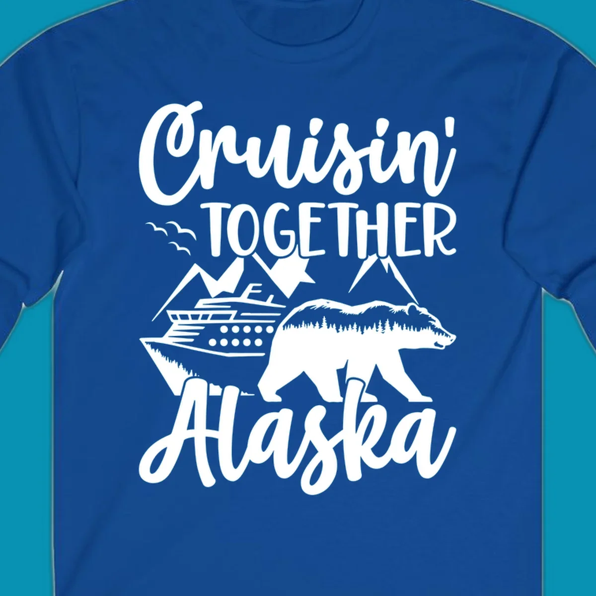 White illustration on gray background featuring 'Cruisin' Together Alaska' text with cruise ship, mountains, forest-filled bear, and pine trees