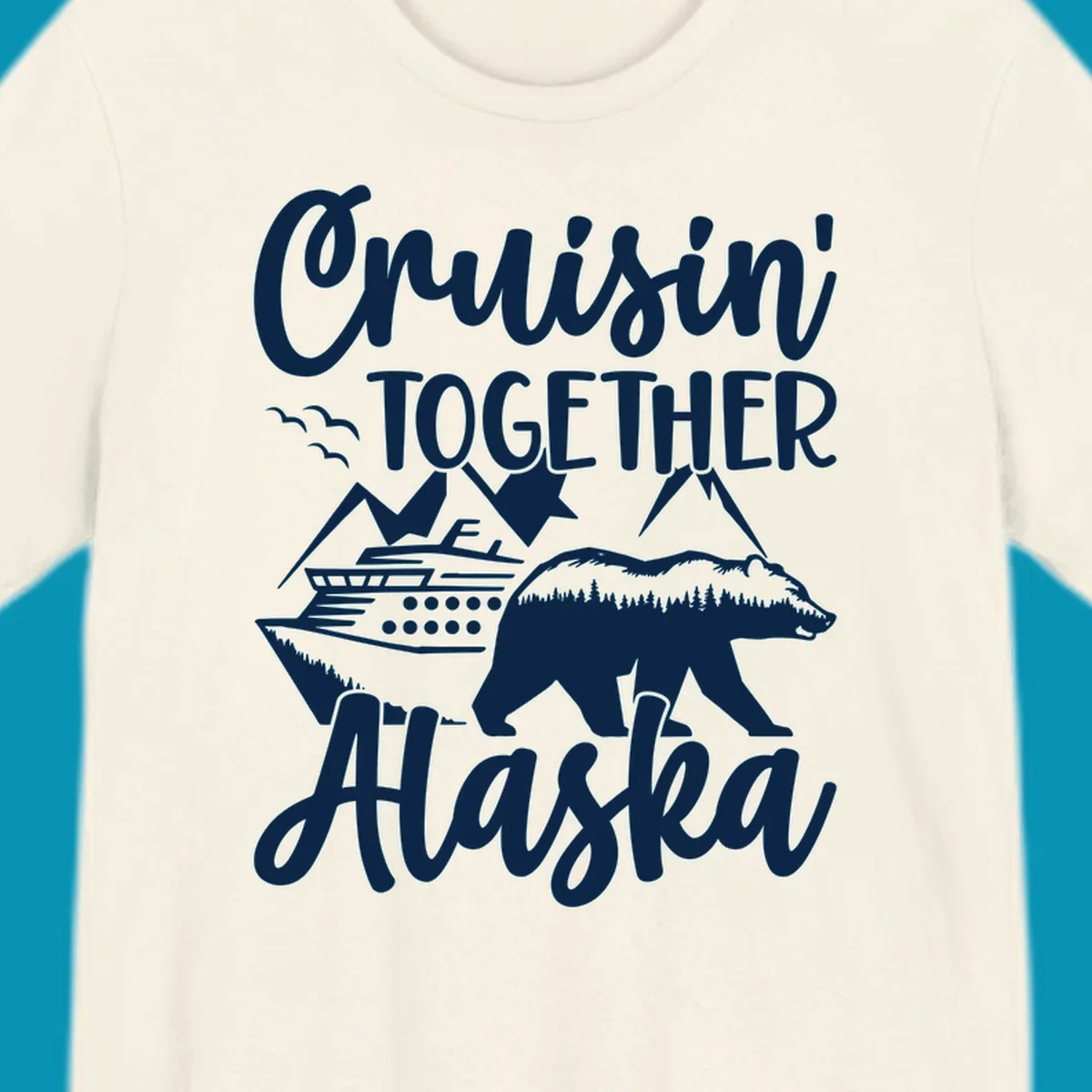 White illustration on gray background featuring 'Cruisin' Together Alaska' text with cruise ship, mountains, forest-filled bear, and pine trees