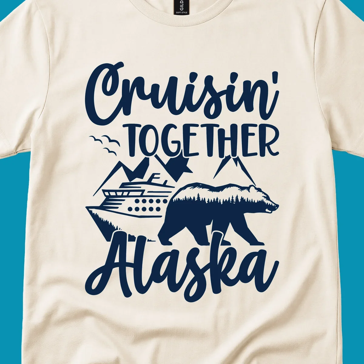 White illustration on gray background featuring 'Cruisin' Together Alaska' text with cruise ship, mountains, forest-filled bear, and pine trees