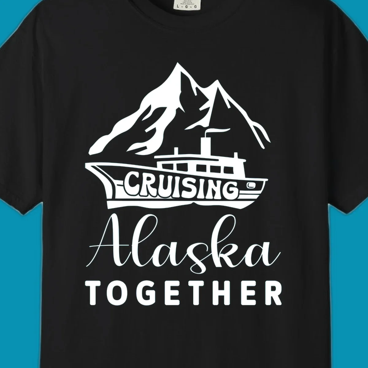 Cruising Alaska Together design featuring a cruise ship with snow-capped mountains and glaciers in white on gray background