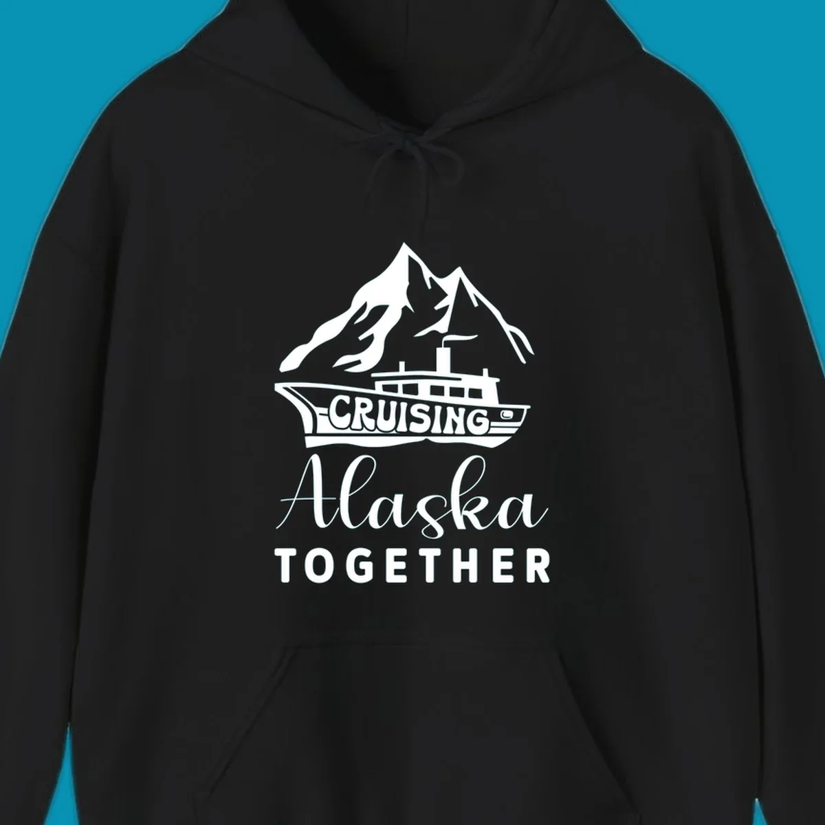 Cruising Alaska Together design featuring a cruise ship with snow-capped mountains and glaciers in white on gray background