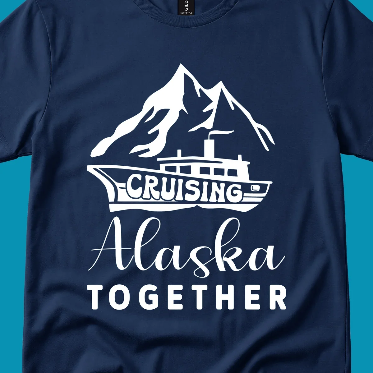 Cruising Alaska Together design featuring a cruise ship with snow-capped mountains and glaciers in white on gray background