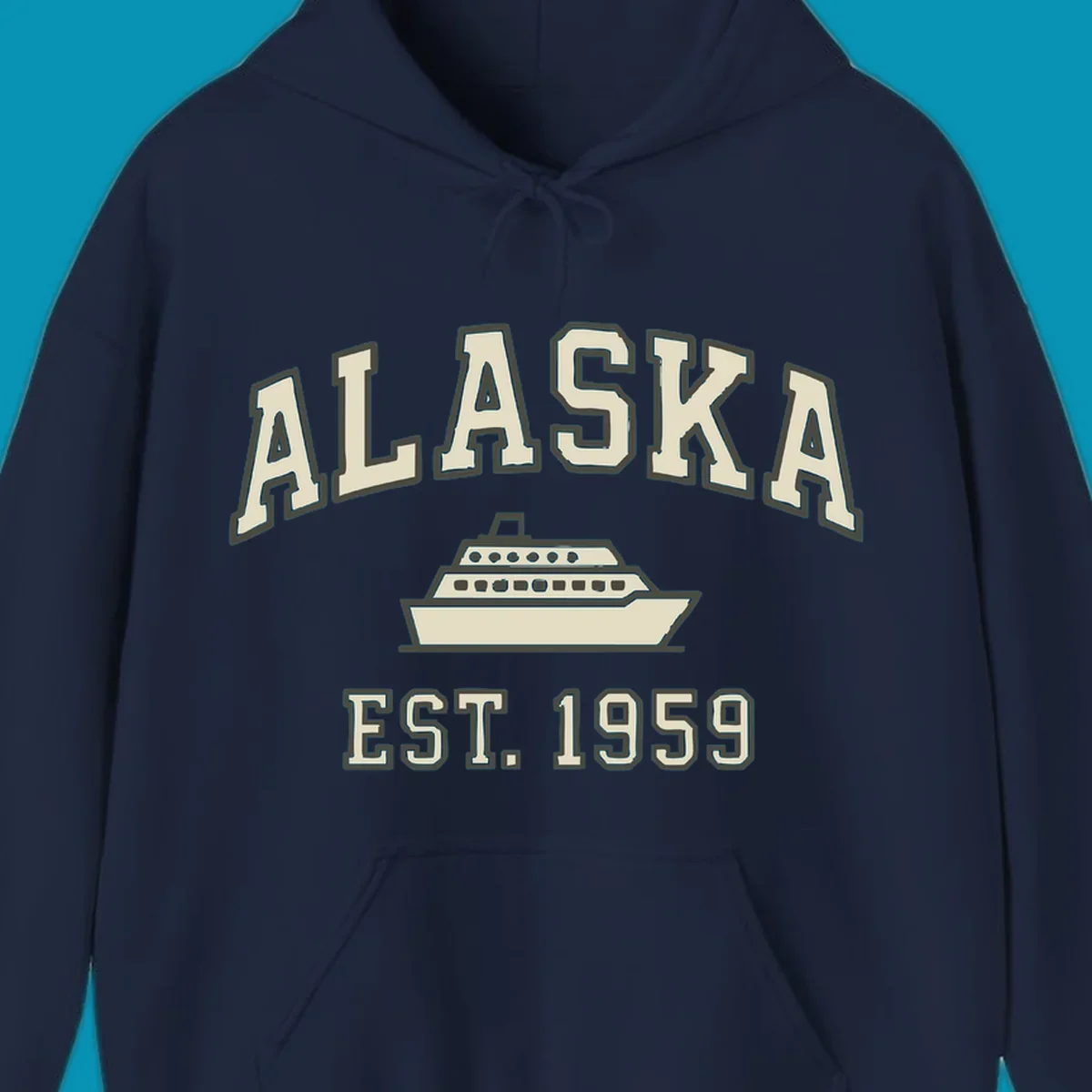 Vintage-style Alaska cruise design with established 1959 date and ship illustration in cream and charcoal