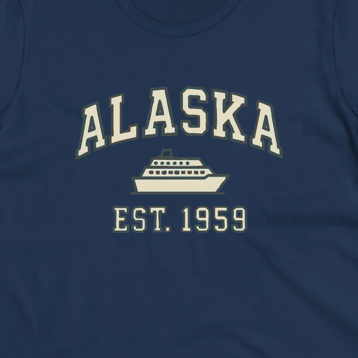 Vintage-style Alaska cruise design with established 1959 date and ship illustration in cream and charcoal