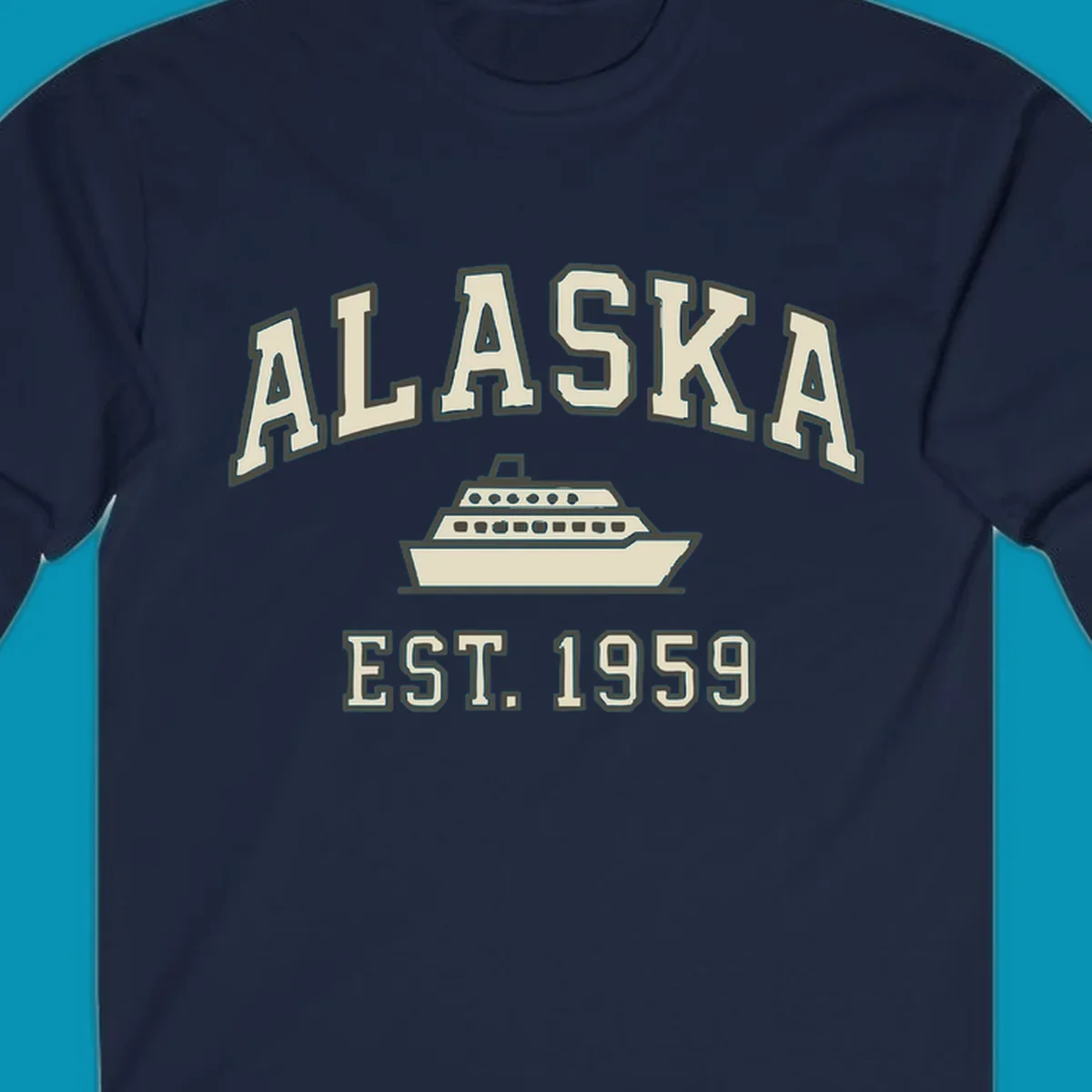 Vintage-style Alaska cruise design with established 1959 date and ship illustration in cream and charcoal