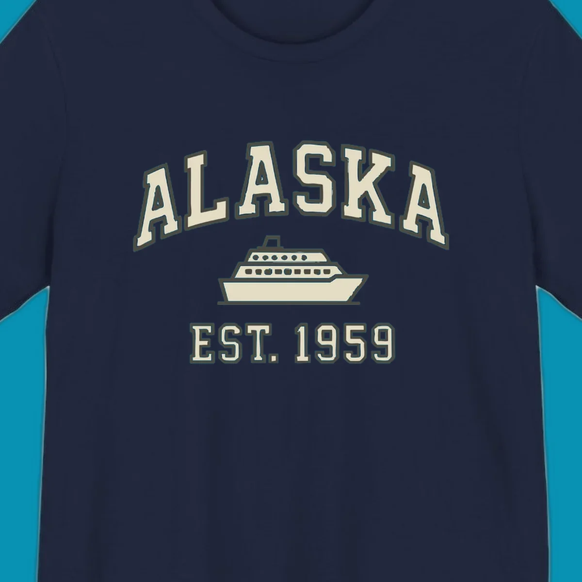 Vintage-style Alaska cruise design with established 1959 date and ship illustration in cream and charcoal