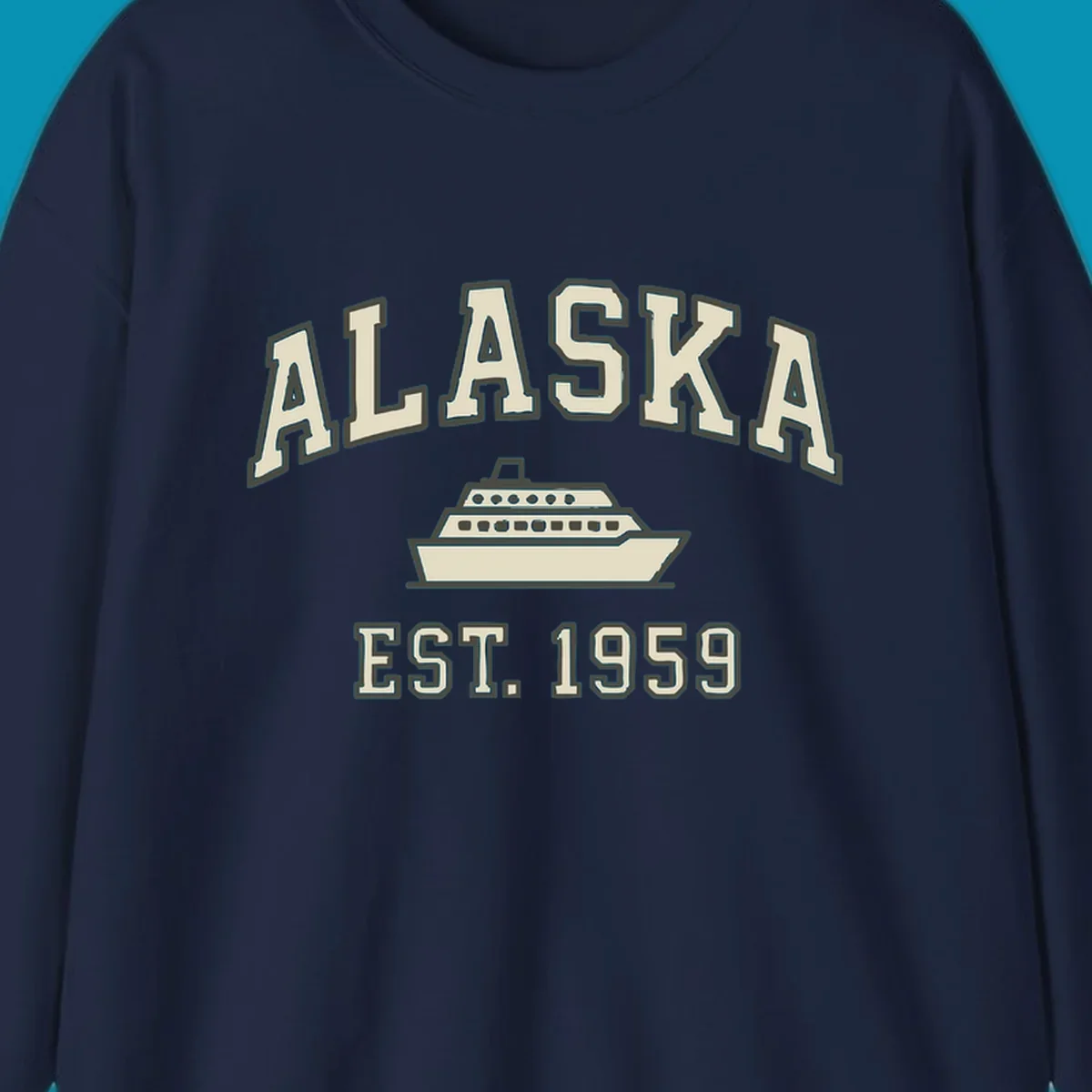 Vintage-style Alaska cruise design with established 1959 date and ship illustration in cream and charcoal