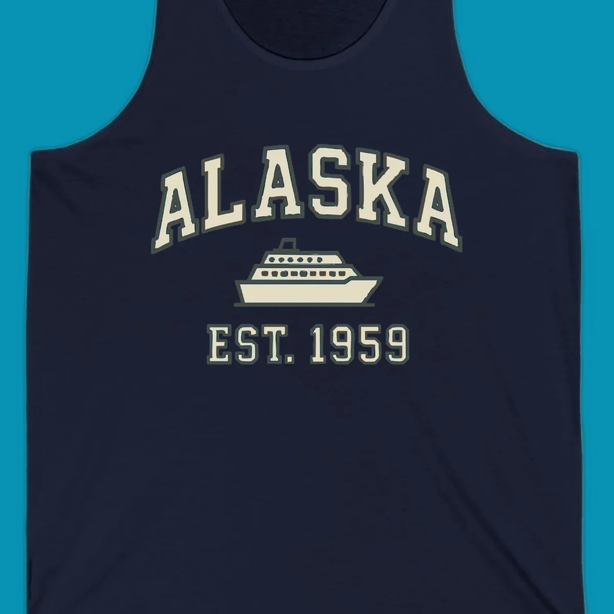 Vintage-style Alaska cruise design with established 1959 date and ship illustration in cream and charcoal