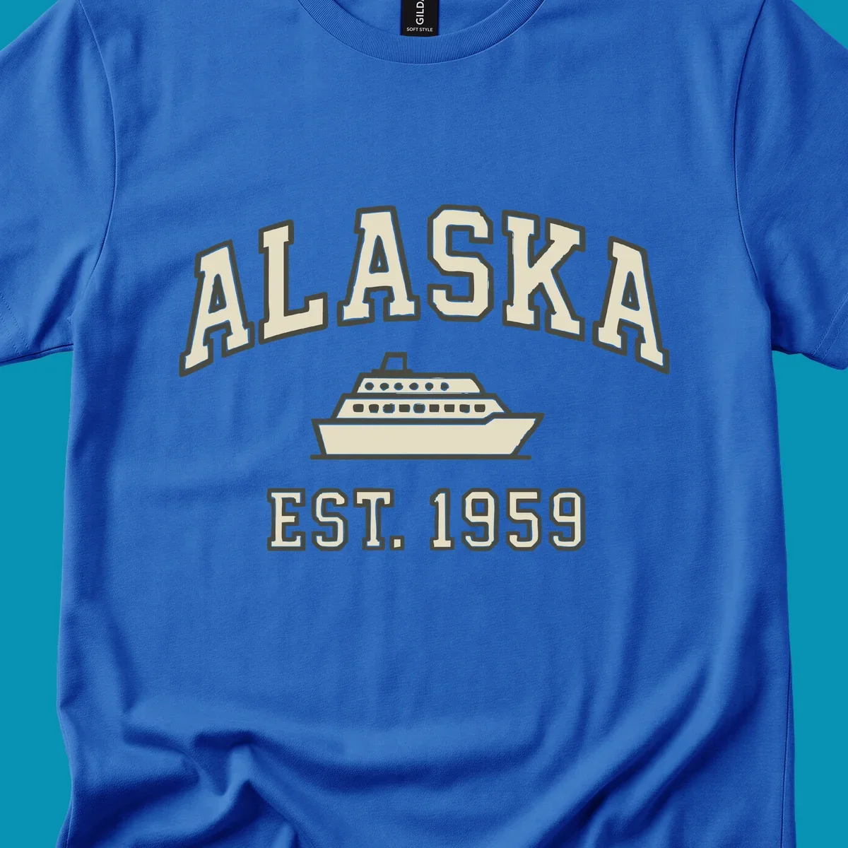 Vintage-style Alaska cruise design with established 1959 date and ship illustration in cream and charcoal