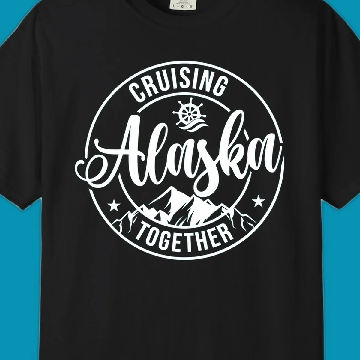 Circular badge with 'Cruising Ashore Together' text, ship wheel, and mountain design in white on gray background
