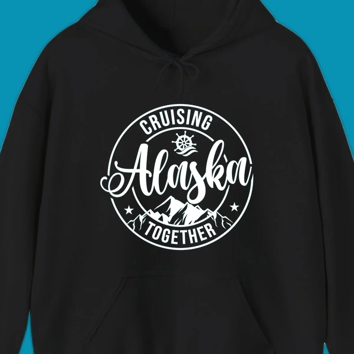 Circular badge with 'Cruising Ashore Together' text, ship wheel, and mountain design in white on gray background