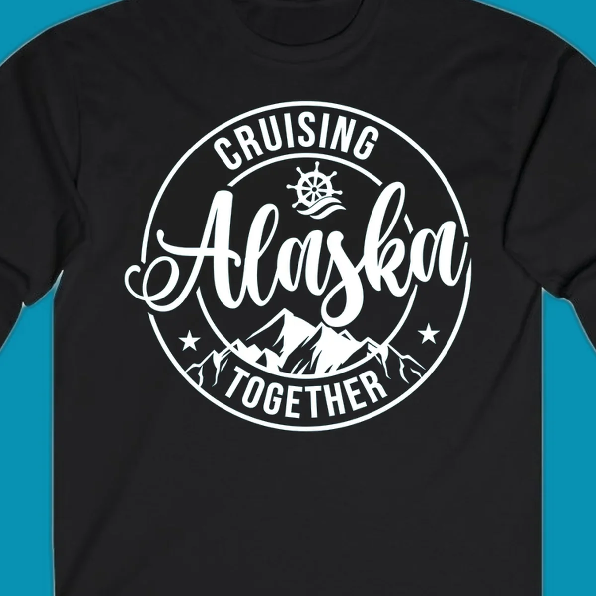 Circular badge with 'Cruising Ashore Together' text, ship wheel, and mountain design in white on gray background