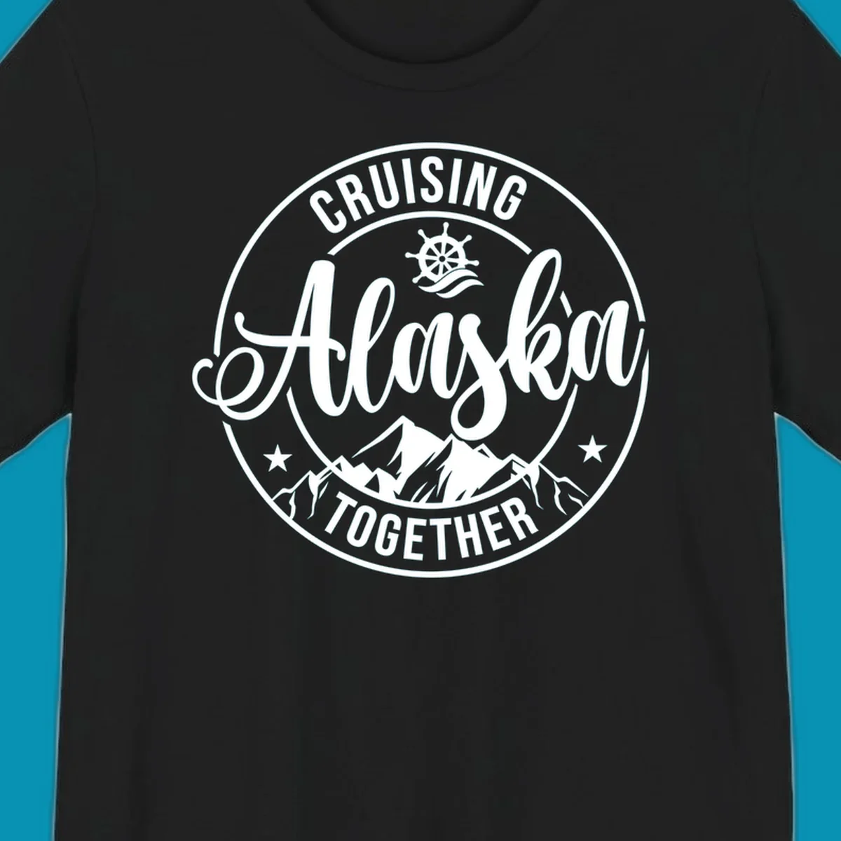 Circular badge with 'Cruising Ashore Together' text, ship wheel, and mountain design in white on gray background