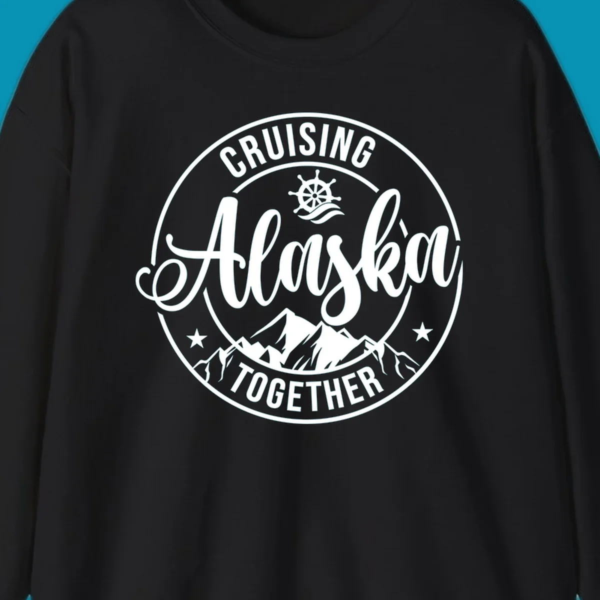 Circular badge with 'Cruising Ashore Together' text, ship wheel, and mountain design in white on gray background