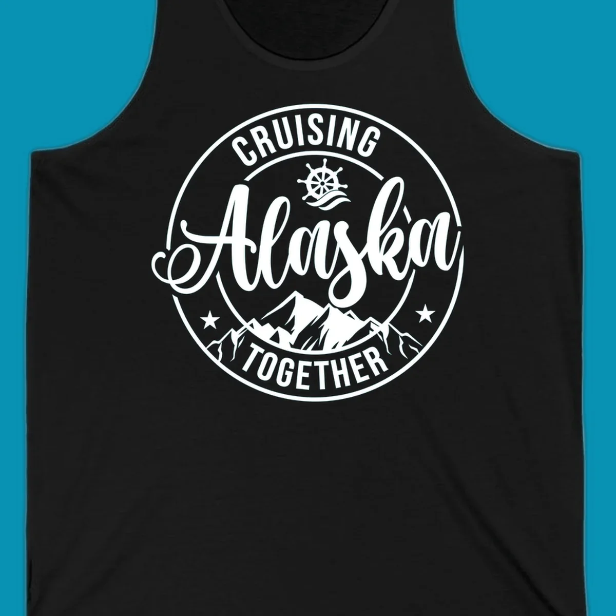 Circular badge with 'Cruising Ashore Together' text, ship wheel, and mountain design in white on gray background
